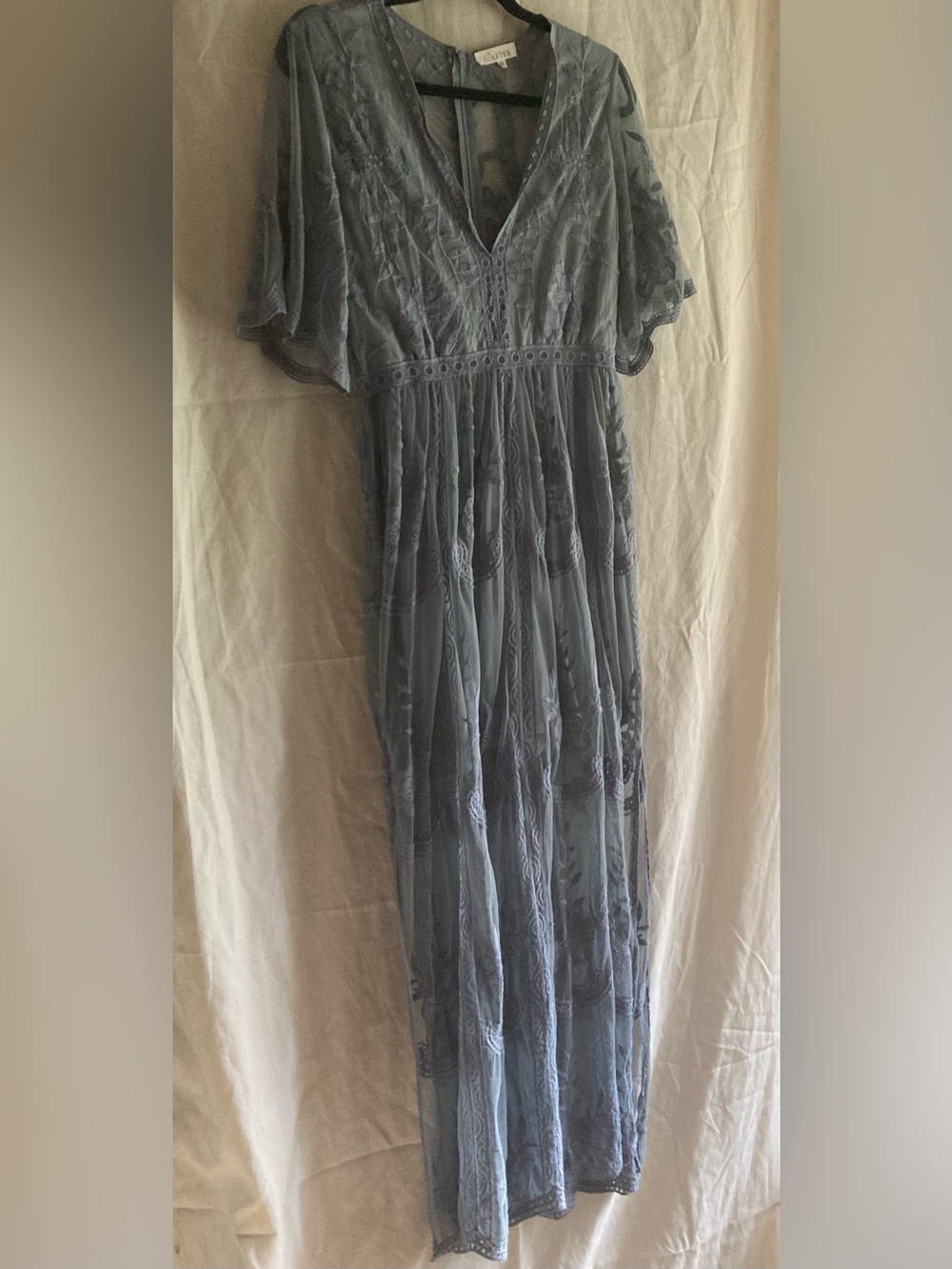 ELETER Dusty Blue Embroidered V-Neck Maxi Dress